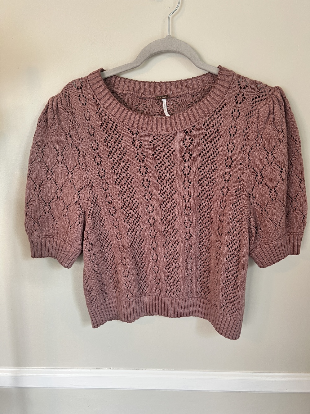 Free People Women's Sweater Size L Mauve Pink Open Knit Puff Sleeve Pointelle
